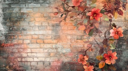 Poster - floral texture painting on a brick background featuring watercolor overlays