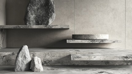 Poster - Product display podium with rough stone slabs marble countertop concrete table and stone shelves featuring a grunge texture in a 3D rendering