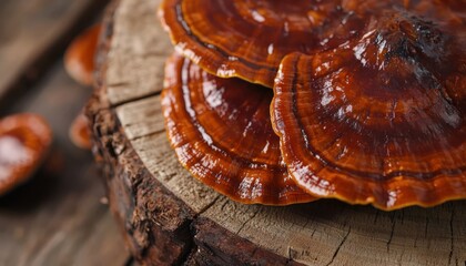 Ganoderma Mushroom Detail: Close-up of Ganoderma lucidum mushroom on a wooden surface, ideal for health or herbal content.