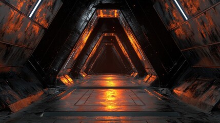 Poster - 3d rendering of a dark abstract sci fi tunnel featuring a futuristic triangular spaceship corridor