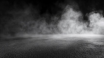 Poster - Grunge asphalt concrete floor with smoke in a dimly lit space featuring a broken street aesthetic Mist against a black backdrop in monochrome
