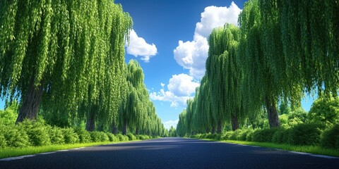 Country road lined with pollard willow trees on a sunny summer day, featuring a few white clouds scattered across a bright blue sky, Sunny country road with willow trees and blue sky