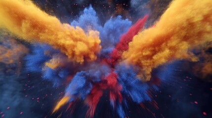 Poster - Explosion of yellow red and blue powder in a 3D cartoon rendering Freeze motion capture of color powder exploding 3D illustration