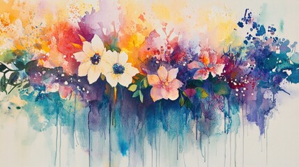 Poster - Colorful abstract watercolor splashes with a floral backdrop