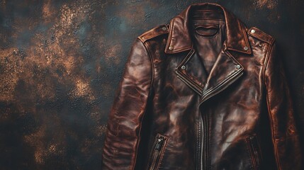 A men's leather jacket on a dark rugged backdrop with room for text and promotional offers