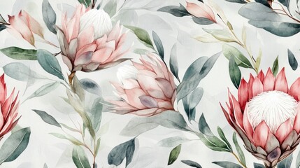 Poster - Gray watercolor seamless pattern featuring protea flowers and leaves perfect for decor gift wrapping box designs website backgrounds and greeting cards