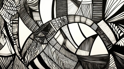 Poster - Abstract line art featuring intricate patterns and shapes emphasizing a delicate interplay of black and white contrasts