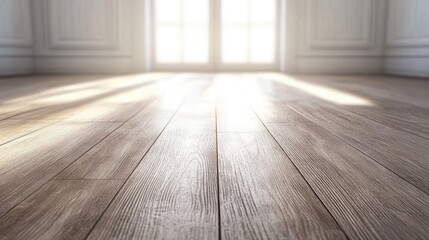 Poster - 3D rendering of a closeup view of an empty wooden floor ceiling and doors with light reflections
