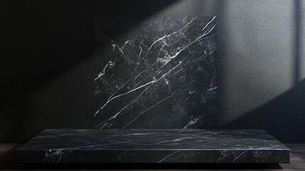 Poster - 3D rendering of an empty black marble top surface against a dark wall background with natural lighting designed for product display