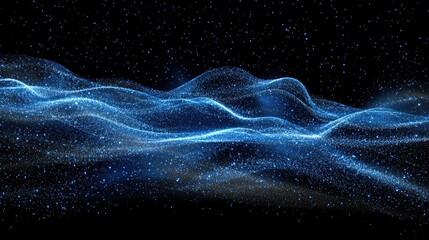 Poster - cartoon rendering in 3d of shimmering blue star particles moving against a black background featurin