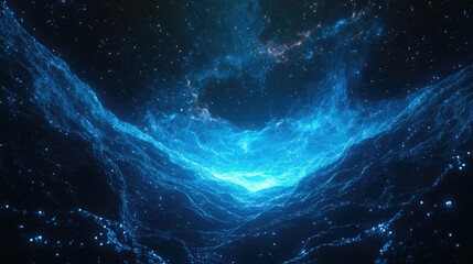 Poster - futuristic dark blue neon abstract background featuring a glowing galaxy and starry sky in a 3d arti