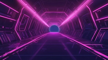 Poster - line art illustration featuring sci fi neon glowing lines in a dark tunnel with reflections on the f
