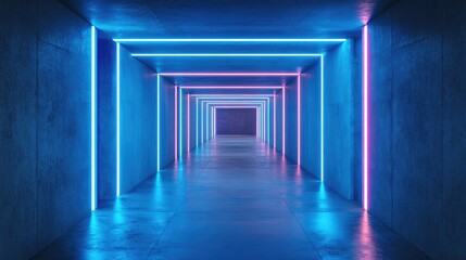 Wall Mural - Vibrant Blue Neon Laser Sci Fi Modern Concrete Garage Warehouse Bunker Underground Storage Podium Stage Realistic Tunnel Corridor with Glowing Lights in a Dark Cyber Background 3D Rendering Illust