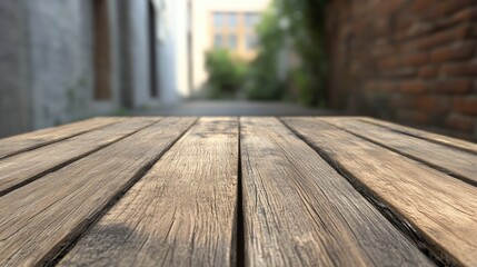 Poster - 3D rendering of an empty wooden tabletop with a blurred background perspective
