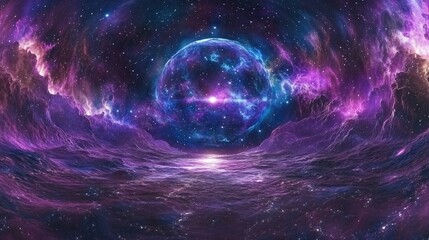 Poster - 360 degree space background featuring nebula and stars equirectangular projection environment map 3D cartoon rendering HDRI spherical panorama 3D illustration