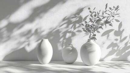 Poster - Simple monochrome backdrop featuring vases tree shadows and natural lighting 3D rendering