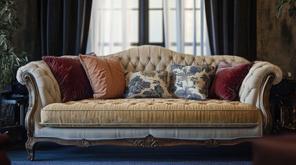 Poster - 3D rendering of a vintage sofa adorned with pillows in a chic interior setting