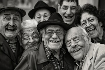 Group of old people in the street, black and white photo.