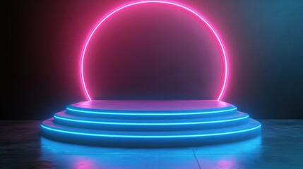 Poster - Futuristic technology podium with a sci fi aesthetic featuring neon elements rendered in 3D