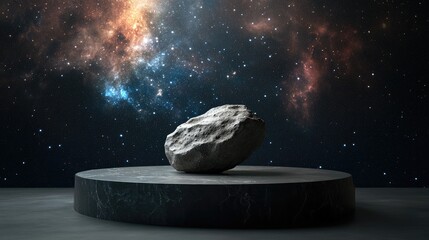 Wall Mural - abstract display podium featuring a floating rock stone asteroid in a cosmic galaxy environment for 