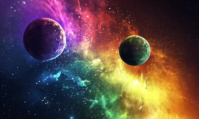 Sticker - Colorful cosmic nebula with planets in deep space with ai generated.

