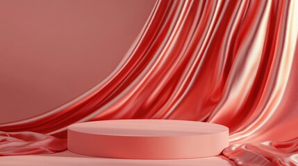 Poster - Round podium on a soft pink background with elegant red silk fabric cascading onto the surface 3D rendered illustration featuring an empty pedestal ideal for product mockups Ample copy space on th