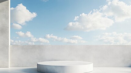 Poster - Product display podium against a white plaster wall with a backdrop of blue sky 3D rendering