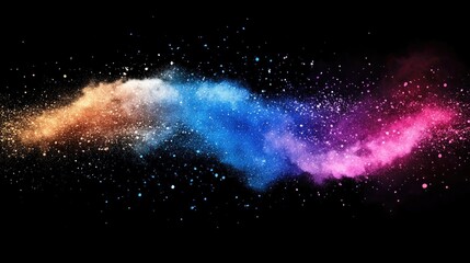 Poster - Abstract powder splatted background featuring a freeze motion effect of color powder exploding with a 3D cartoon rendering of colorful glitter texture on a black backdrop