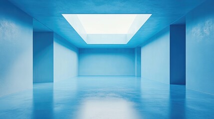 Poster - 3D rendering of an empty geometric room in sky blue tones featuring stunning lighting an ideal futuristic backdrop for product presentation
