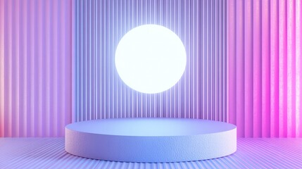 Poster - Pastel purple and blue presentation platform featuring a glowing white circular light on a textured background of embossed ribbed rectangles Vacant product display 3D rendering