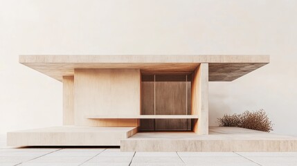 Poster - 3D rendering of an abstract architectural interior featuring a minimalist house with a brown and beige concrete design against a white background