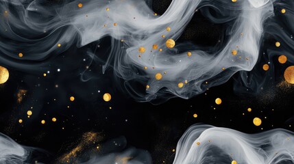 Poster - Black and white smoke art effects with abstract gold circles on a black background