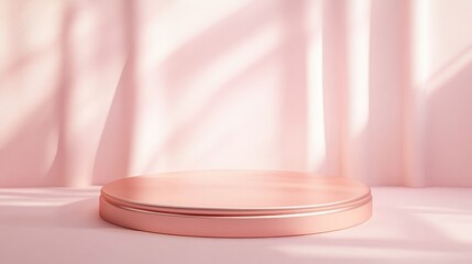 Glossy pink circular podium with studio backgrounds Metallic rose gold blank display in a clean space for product presentation Minimalist mockup for showcasing a pedestal 3D rendering