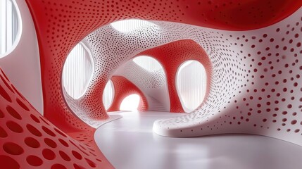 Poster - abstract red and white parametric interior featuring a window in 3d rendering