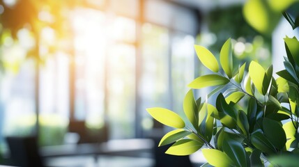 Poster - 3d rendering of a contemporary office featuring a blurred background with greenery and bright natura