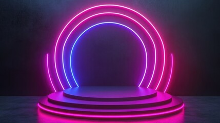 Poster - Neon glowing circular lines abstract contemporary podium design 3D rendering