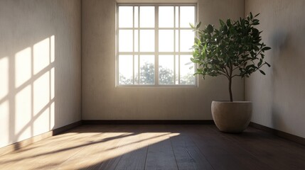 Poster - 3D rendering of a spacious vacant room featuring a window and a potted plant devoid of furniture and decorations