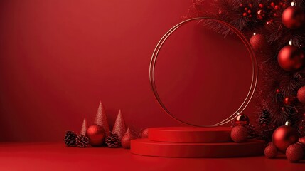 Poster - Red holiday greeting card with an empty circular podium for product display on a red backdrop 3D rendering and illustration