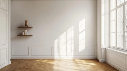 Poster - 3d rendering of a minimalist scandinavian home corridor showcasing a window to a dining area parquet