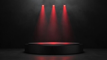 Poster - Black podium display with red light emission on a dark background 3D rendering