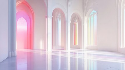 Wall Mural - 3D rendering of an abstract gothic interior featuring white and colored gradient glass elements