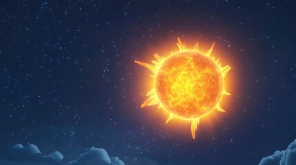 Poster - Sun depicted in outer space with intense solar activity in a 3D cartoon rendering