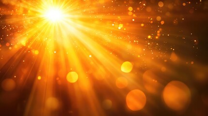 Poster - Radiant golden sunlight beams with bright isolated rays and a shimmering effect on a dark background Sparkling orange sunrays create a dazzling bokeh and flare