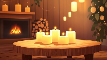 Poster - Rustic wooden tabletop adorned with candles in a cozy living area showcasing interior design elements