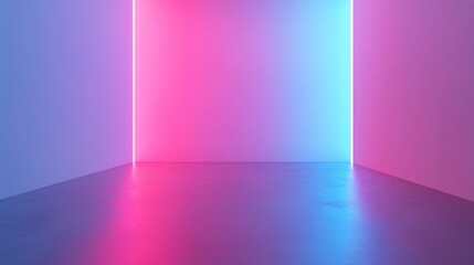 Poster - 3D rendering of an empty studio scene with a blue and pink neon light background featuring gradient wallpaper and flooring suitable for product displays