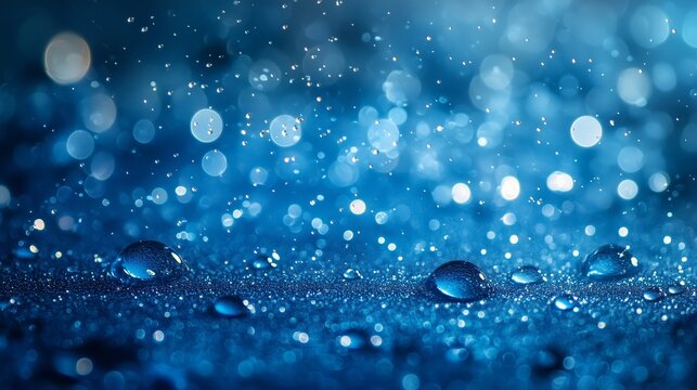Abstract blue background with water drops and bubbles, blurred background, space for text.