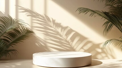 Poster - Abstract white podium or pedestal, a round platform with the shadow of palm leaves on a beige background for product presentation, an empty mockup