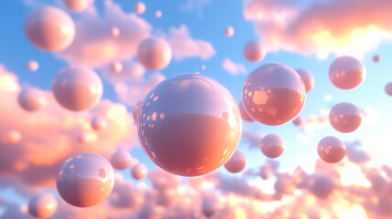 Wall Mural - Abstract 3D Spheres Floating in a Dreamy Sky with Clouds