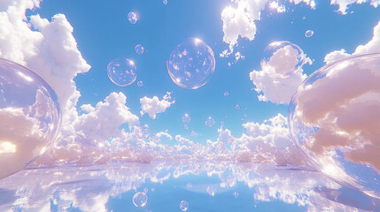 Wall Mural - Dreamy Sky with Floating Bubbles and Clouds Abstract Background