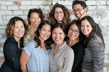 Group of diverse business people standing together in a circle smiling at the camera